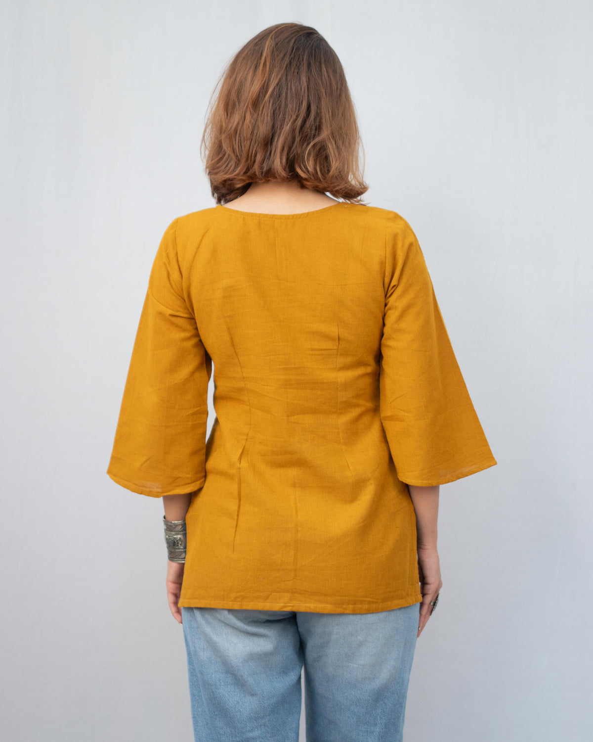 Mustard Yellow Kalamkari Yoke Cotton Short Kurti - Ochre Bell Sleeve Tunic