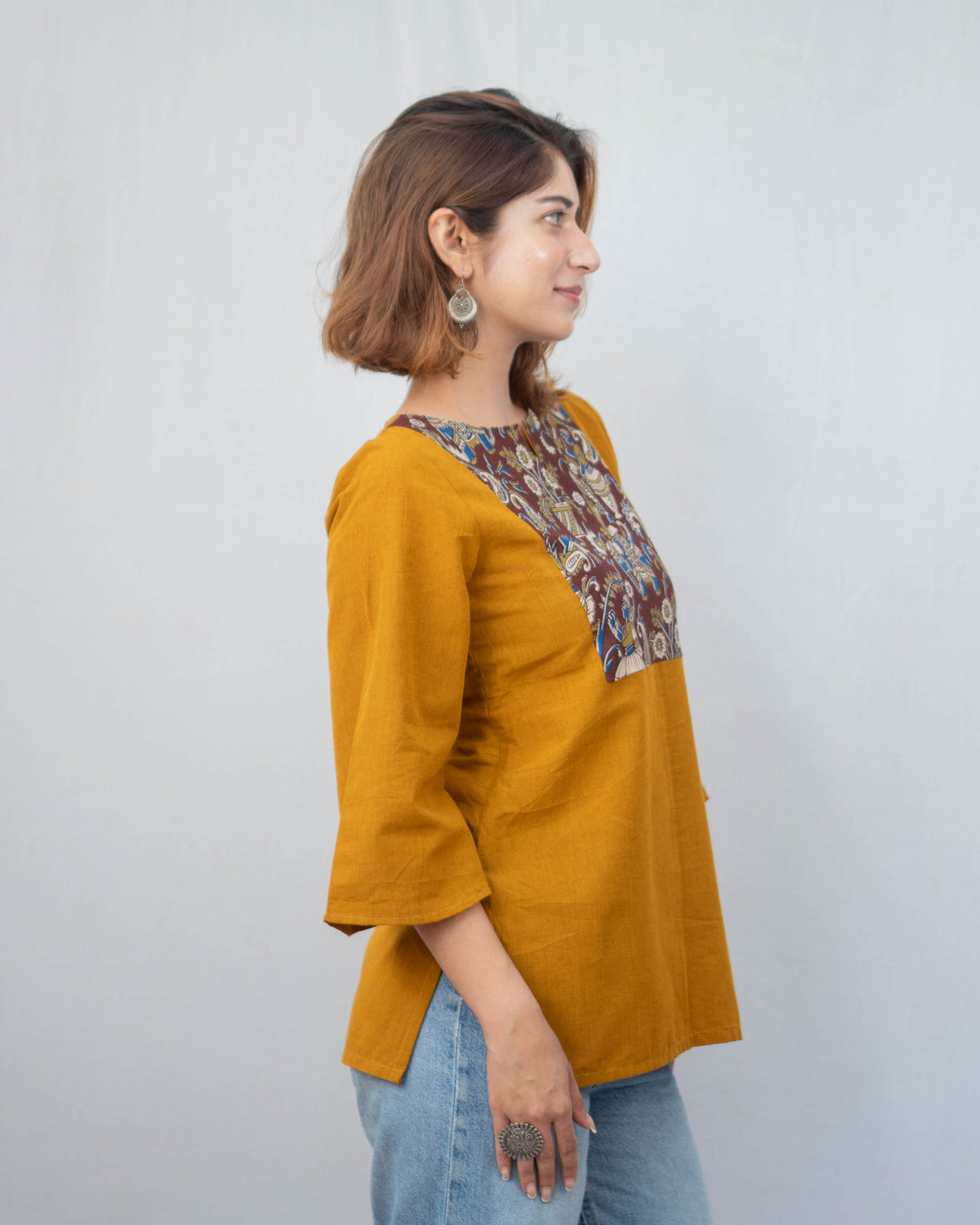Mustard Yellow Kalamkari Yoke Cotton Short Kurti - Ochre Bell Sleeve Tunic