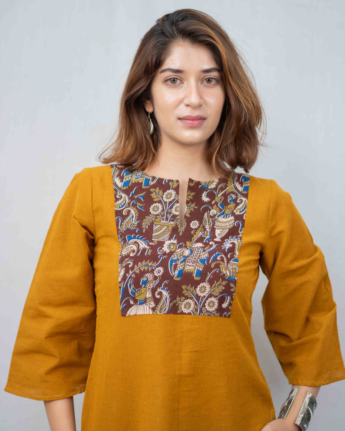 Mustard Yellow Kalamkari Yoke Cotton Short Kurti - Ochre Bell Sleeve Tunic