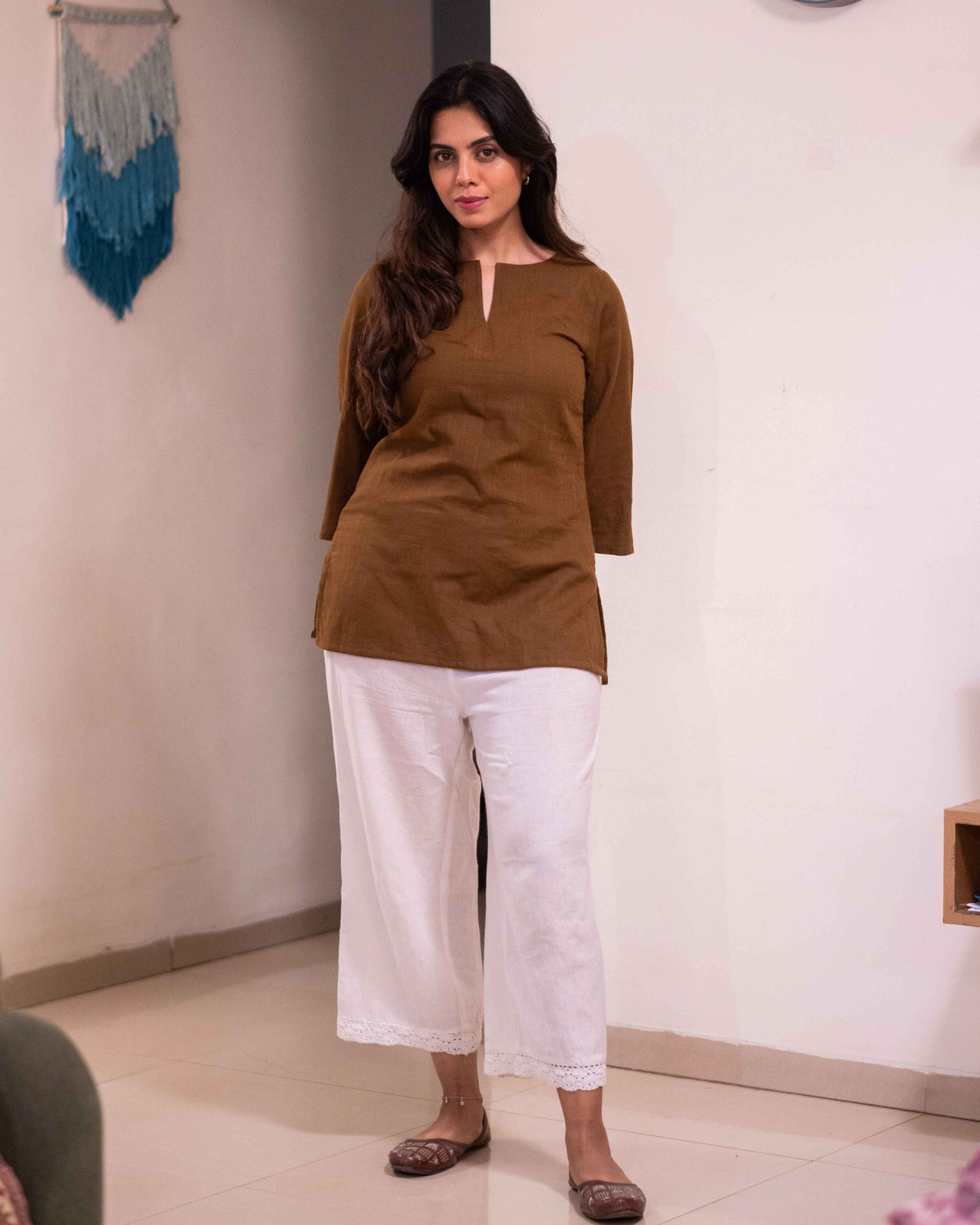 Earthy Olive Brown Cotton Short Kurti - Notch Neck Daily Wear Tunic