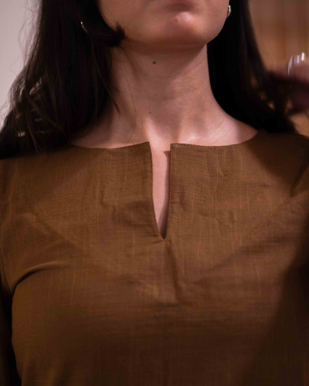 Earthy Olive Brown Cotton Short Kurti - Notch Neck Daily Wear Tunic