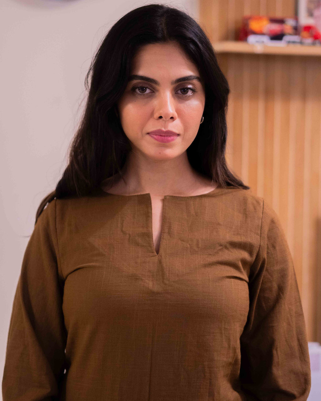 Earthy Olive Brown Cotton Short Kurti - Notch Neck Daily Wear Tunic