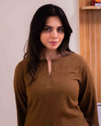 Earthy Olive Brown Cotton Short Kurti - Notch Neck Daily Wear Tunic