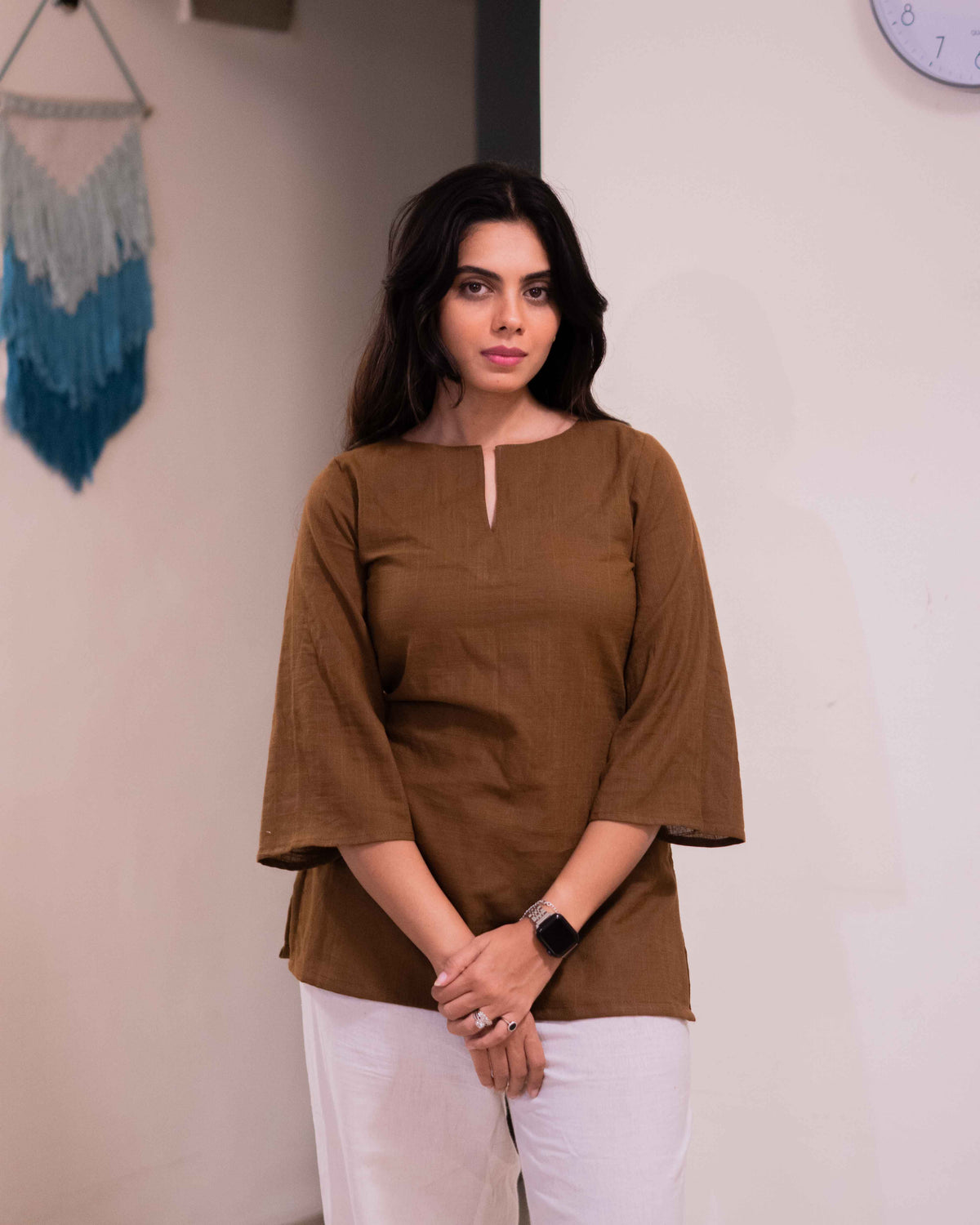 Earthy Olive Brown Cotton Short Kurti - Notch Neck Daily Wear Tunic