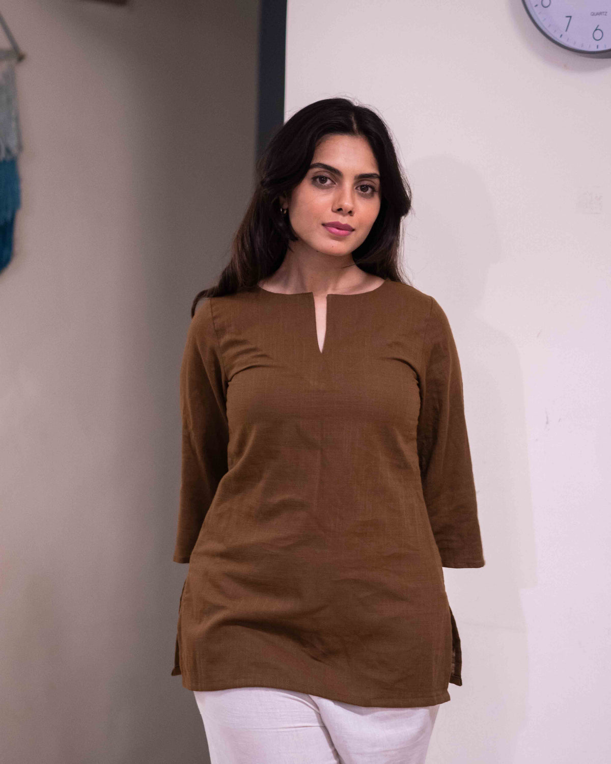 Earthy Olive Brown Cotton Short Kurti - Notch Neck Daily Wear Tunic