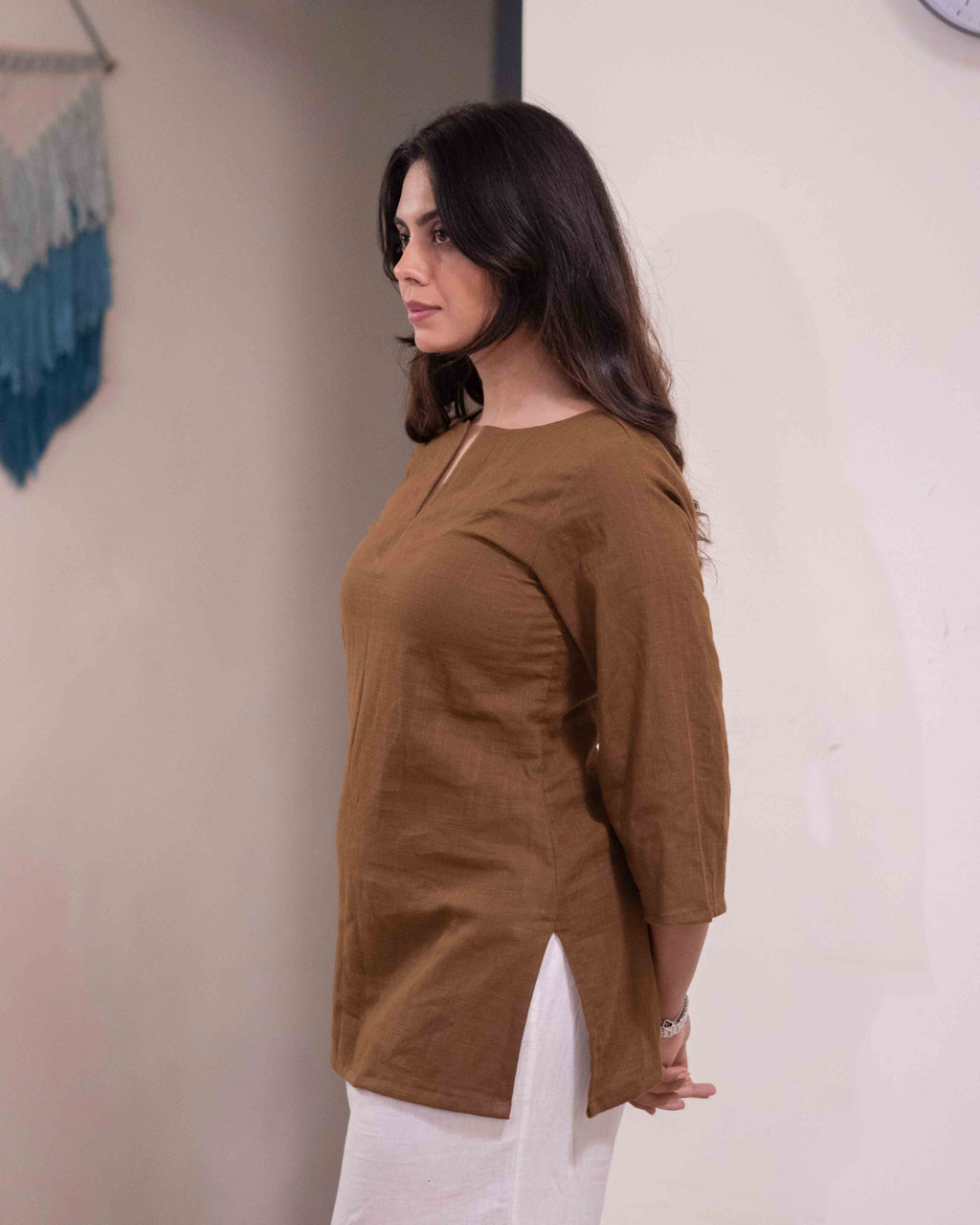 Earthy Olive Brown Cotton Short Kurti - Notch Neck Daily Wear Tunic