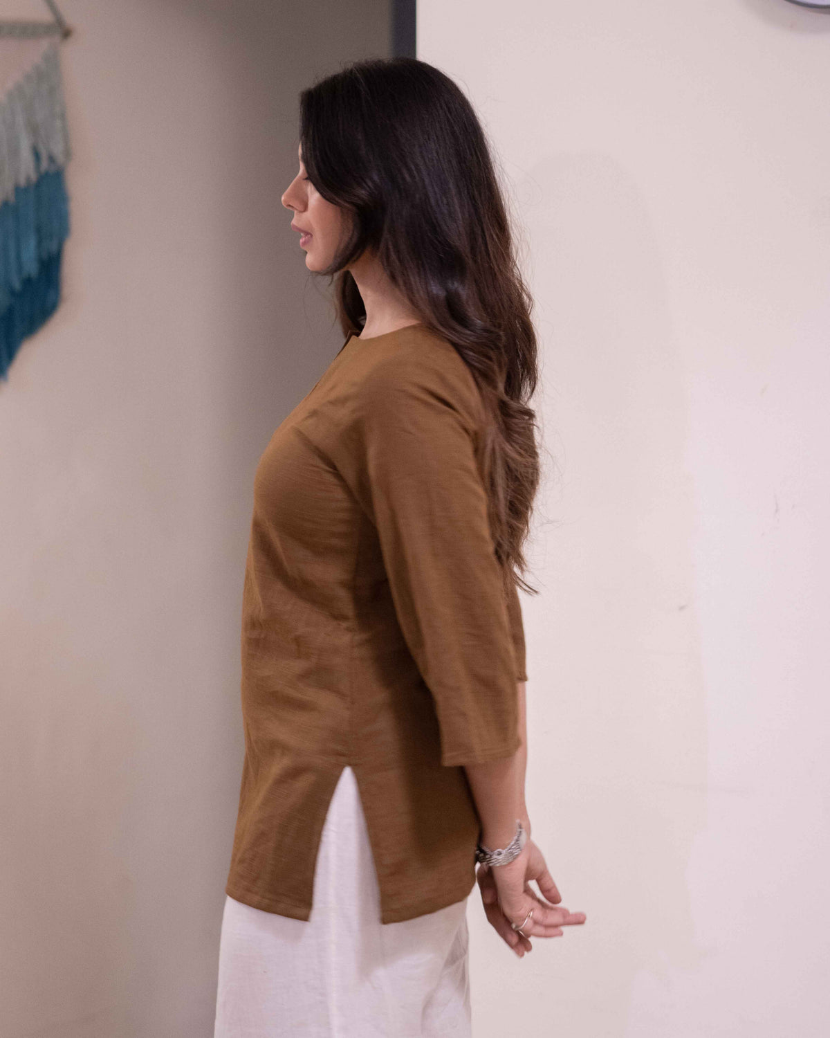 Earthy Olive Brown Cotton Short Kurti - Notch Neck Daily Wear Tunic