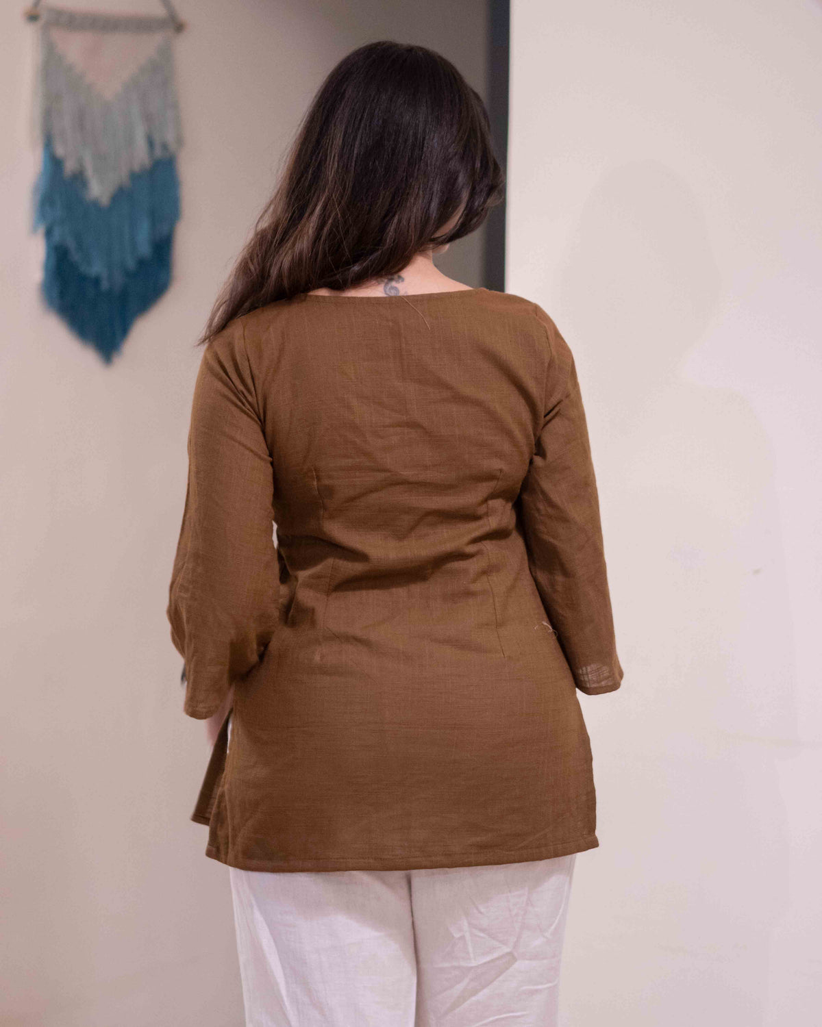 Earthy Olive Brown Cotton Short Kurti - Notch Neck Daily Wear Tunic