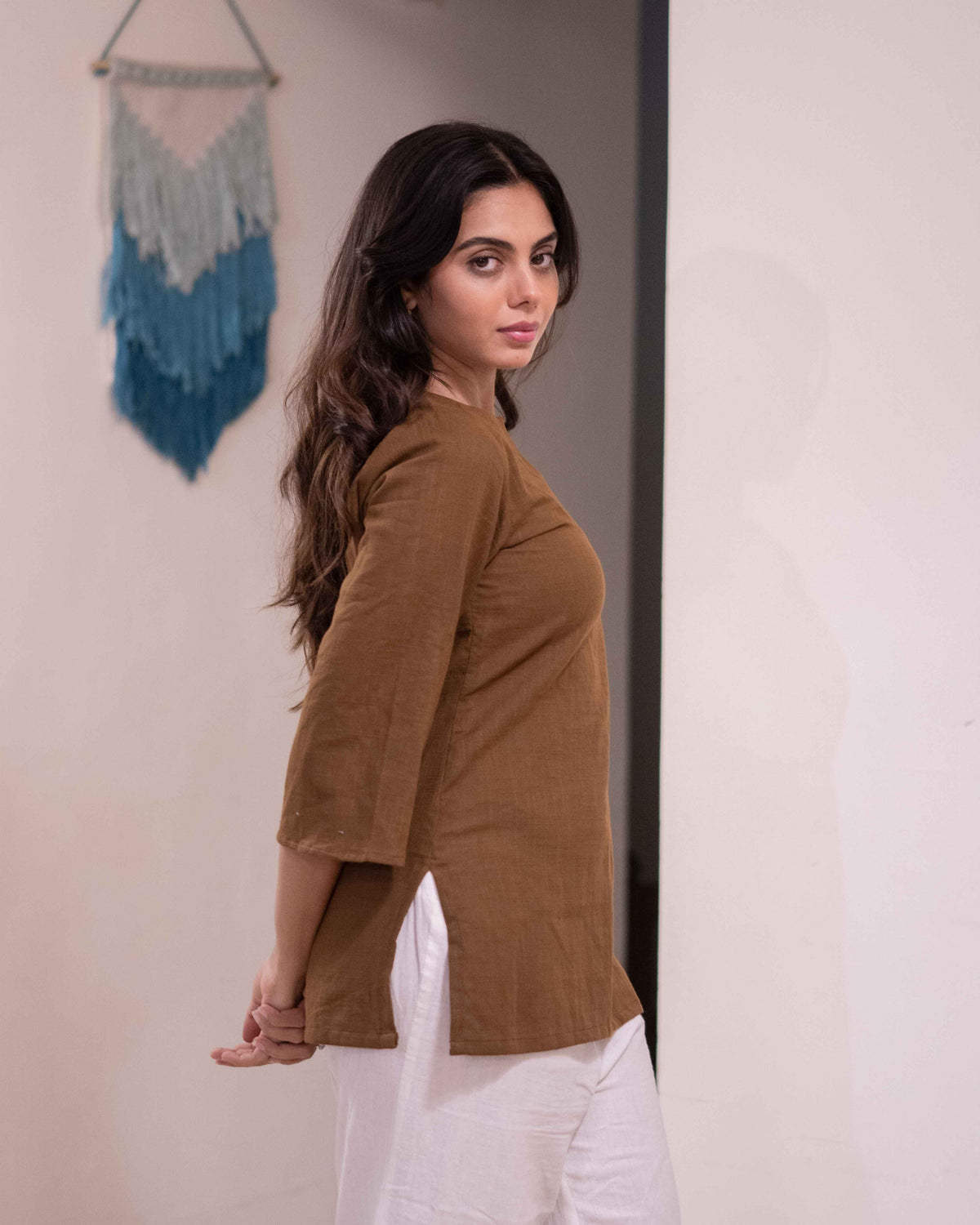 Earthy Olive Brown Cotton Short Kurti - Notch Neck Daily Wear Tunic