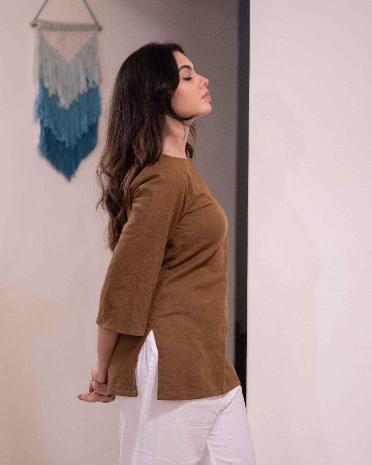 Earthy Olive Brown Cotton Short Kurti - Notch Neck Daily Wear Tunic