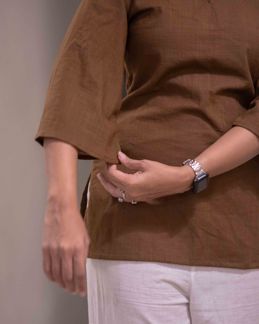 Earthy Olive Brown Cotton Short Kurti - Notch Neck Daily Wear Tunic