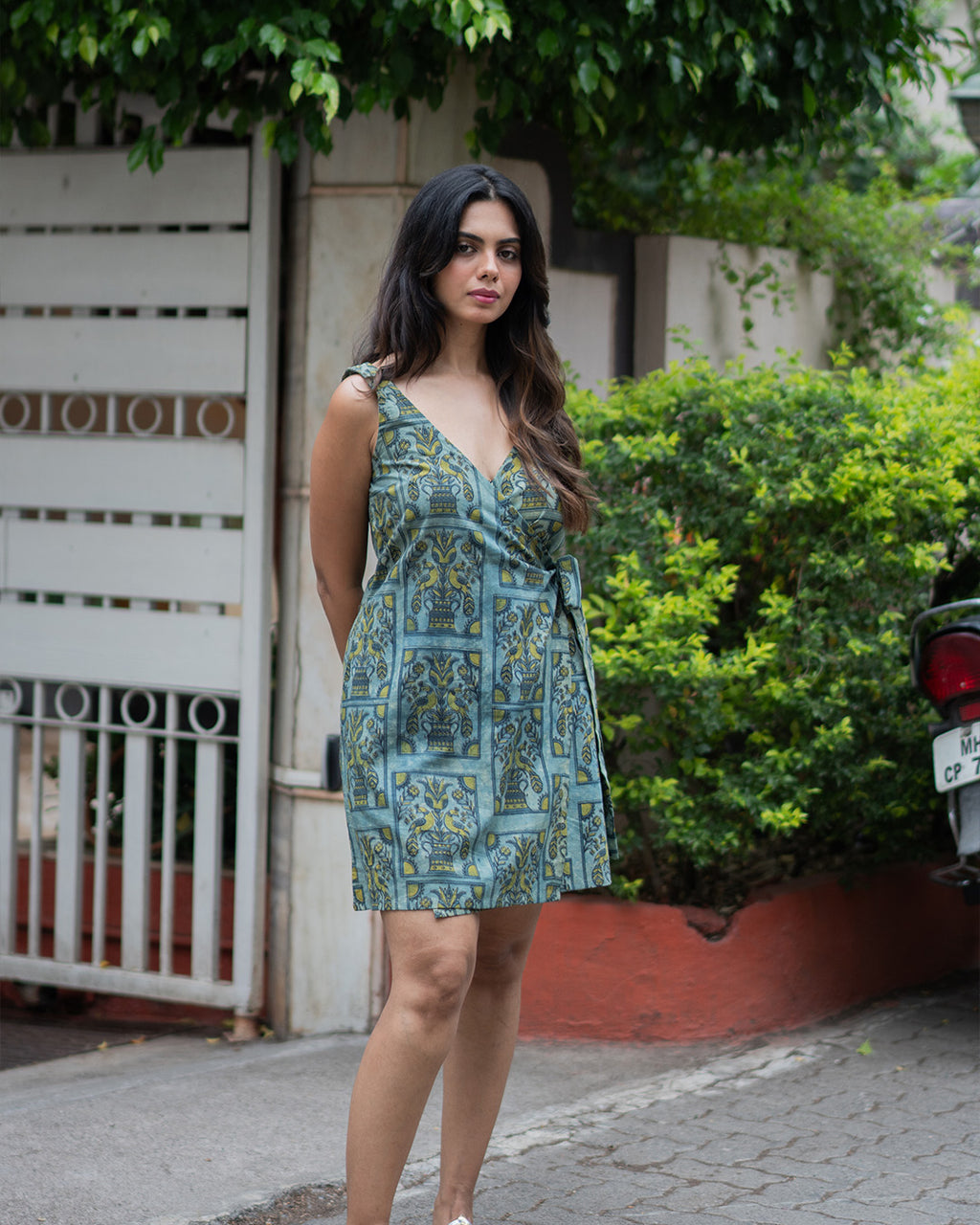 Green Cotton Wrap Around Dress - Indo Western Short Kurti