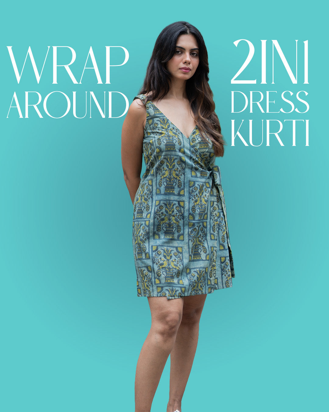 Green Cotton Wrap Around Dress - Indo Western Short Kurti