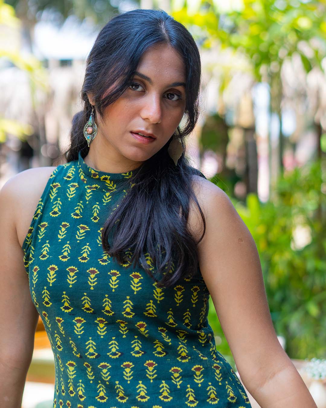 Emerald Bloom Mandarin Halter Kurti
