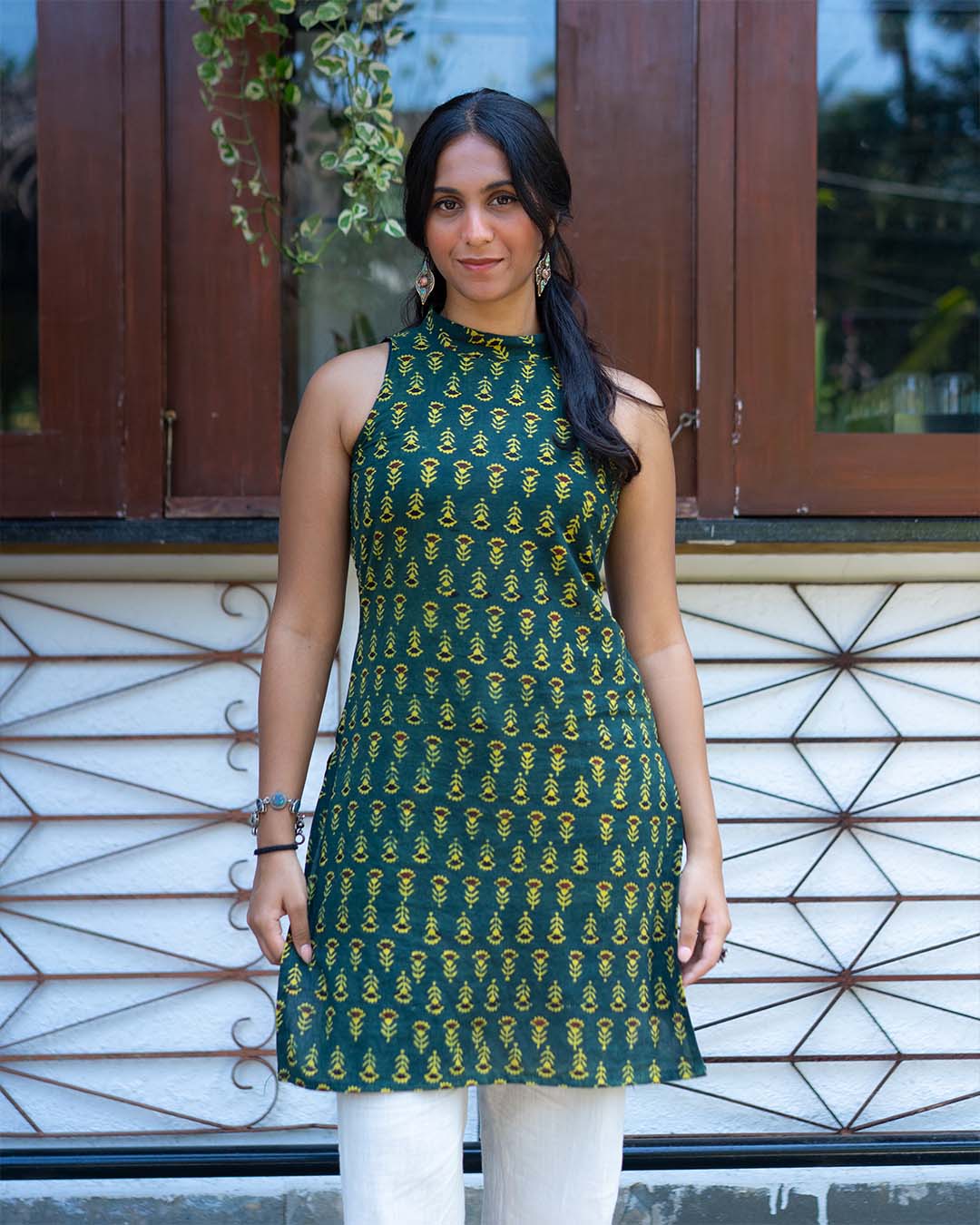 Emerald Bloom Mandarin Halter Kurti