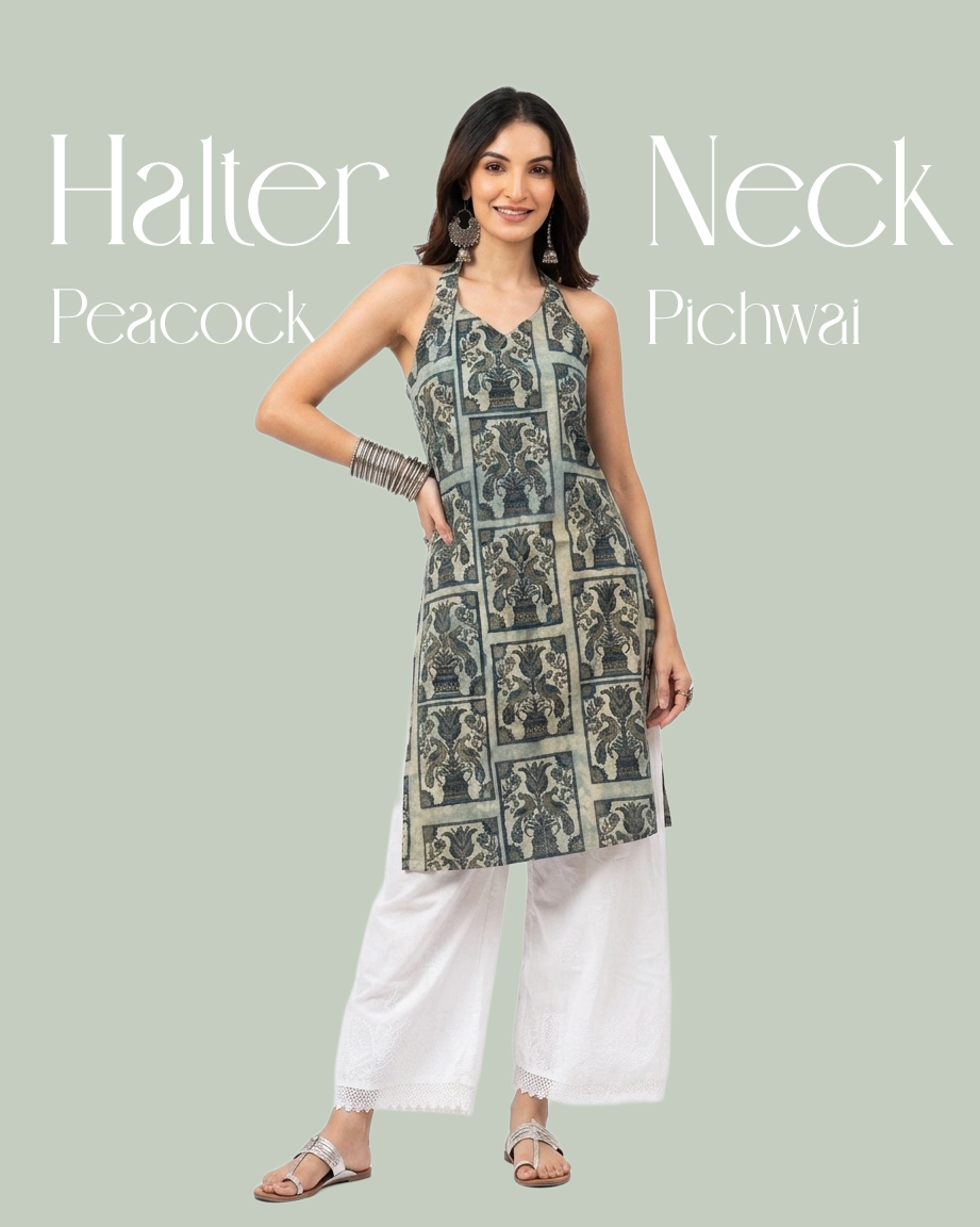 Halter Neck Kurti Peacock Pichwai