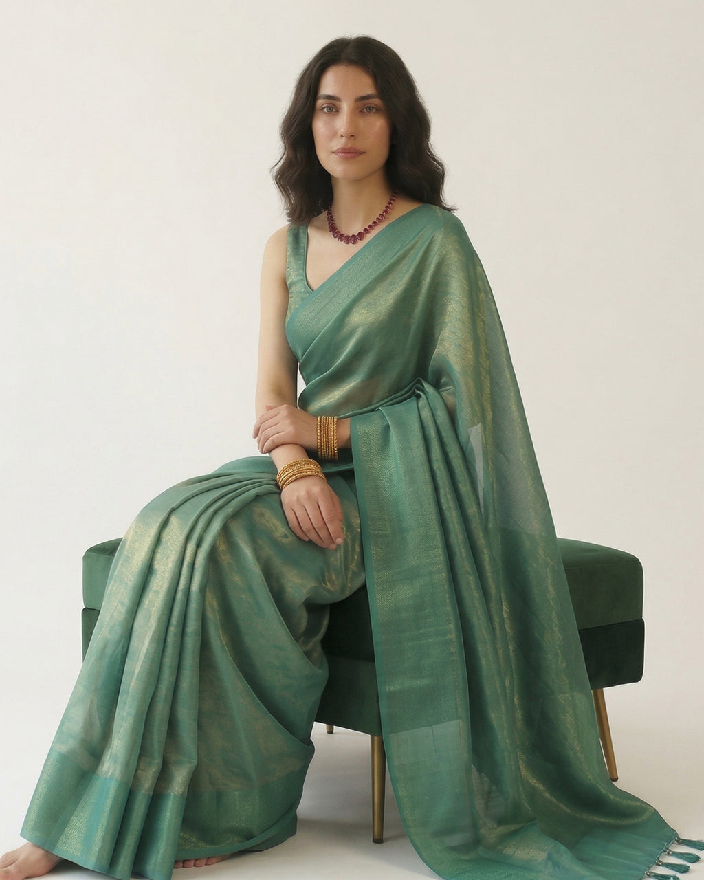 Sea-Green Liquid-Tissue Saree