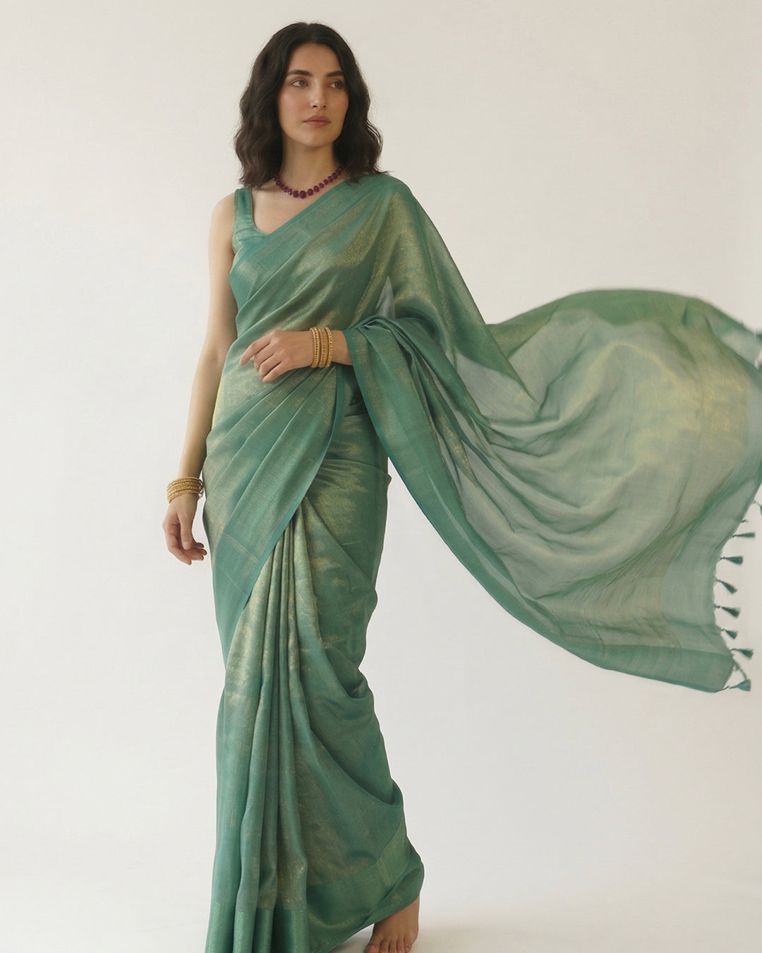 Sea-Green Liquid-Tissue Saree