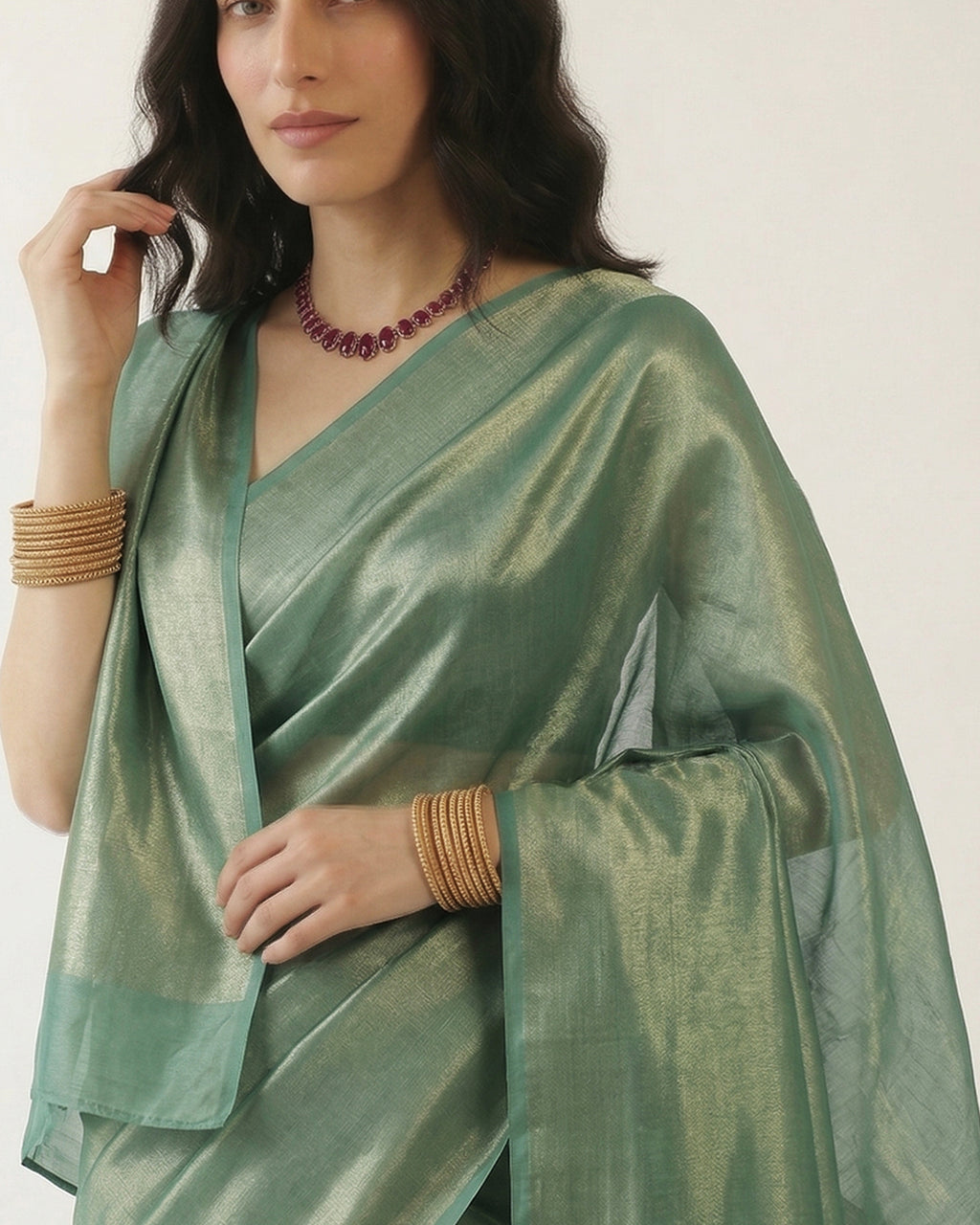 Sea-Green Liquid-Tissue Saree