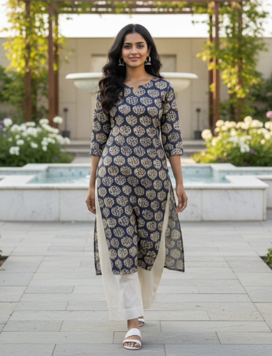 Indigo & Beige Jaali Floral Poshakh fabrics