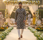 Indigo & Beige Jaali Floral Poshakh fabrics