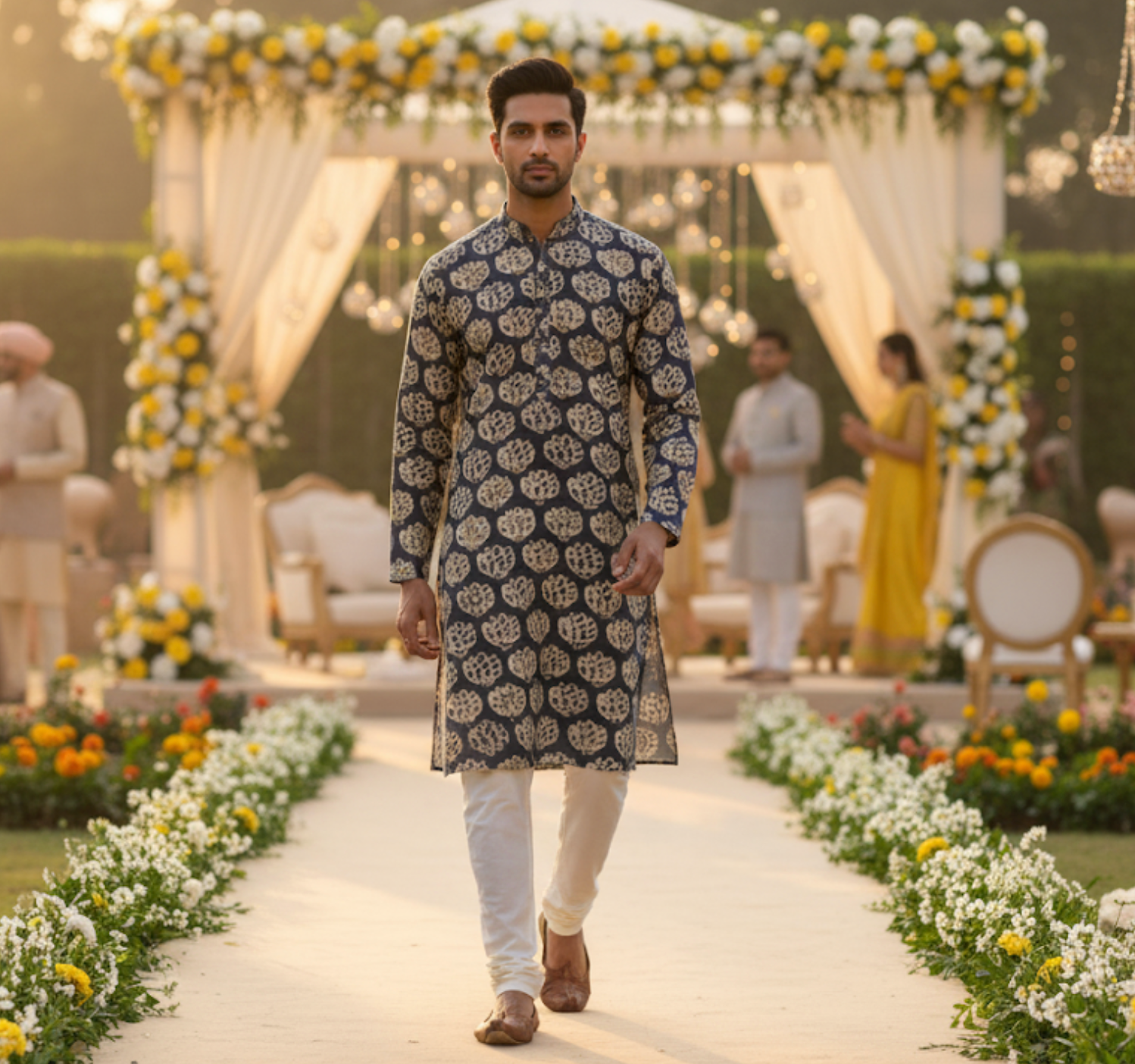 Indigo & Beige Jaali Floral Poshakh fabrics