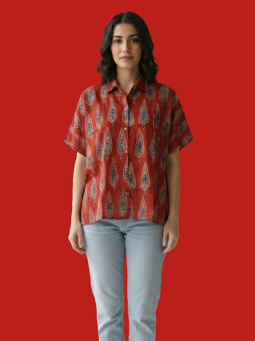 Maroon-Leaf Modal Shirt Kaftan