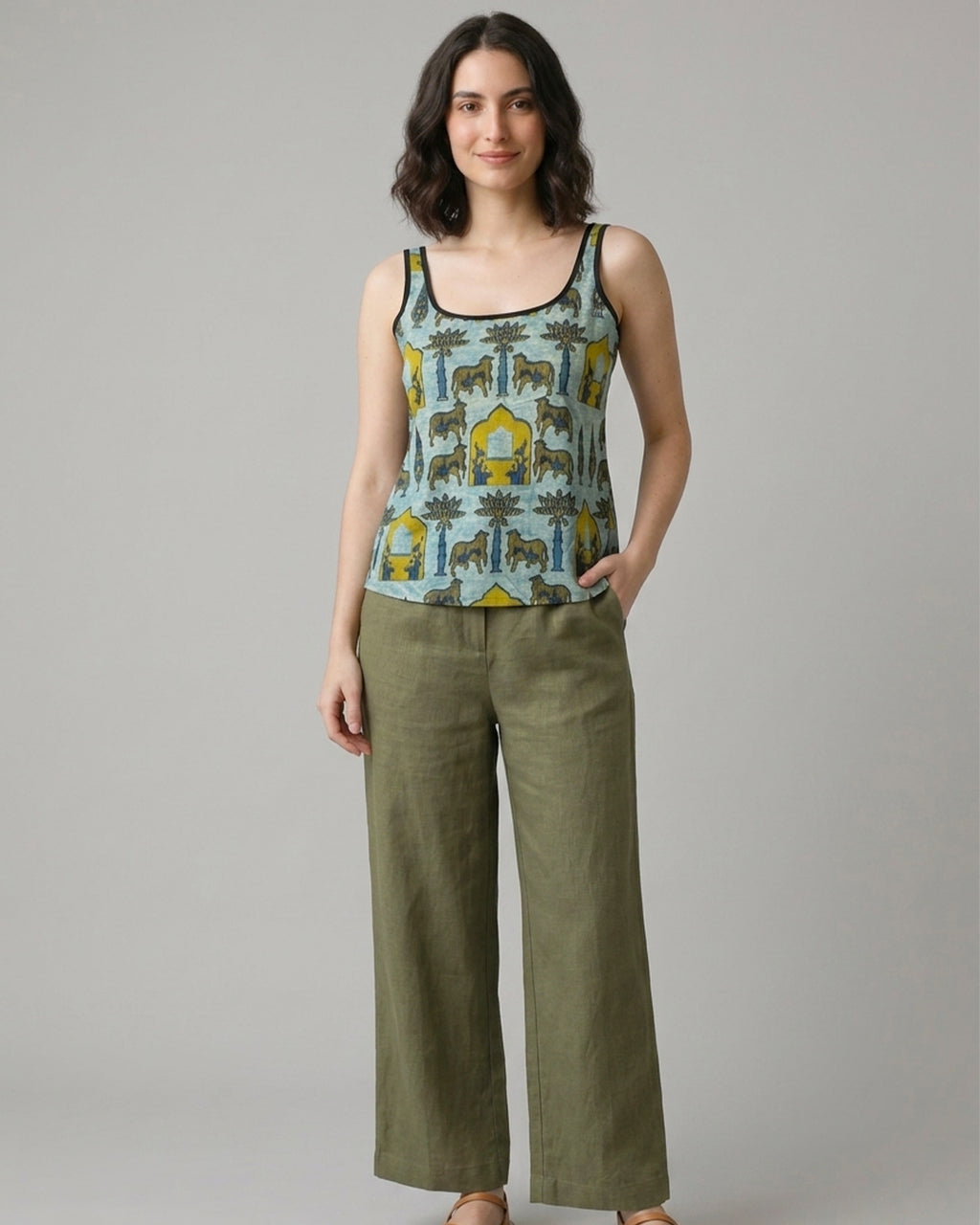 Sage Green Pichwai Cotton Cami Top - Contrast Piping Tank Tunic