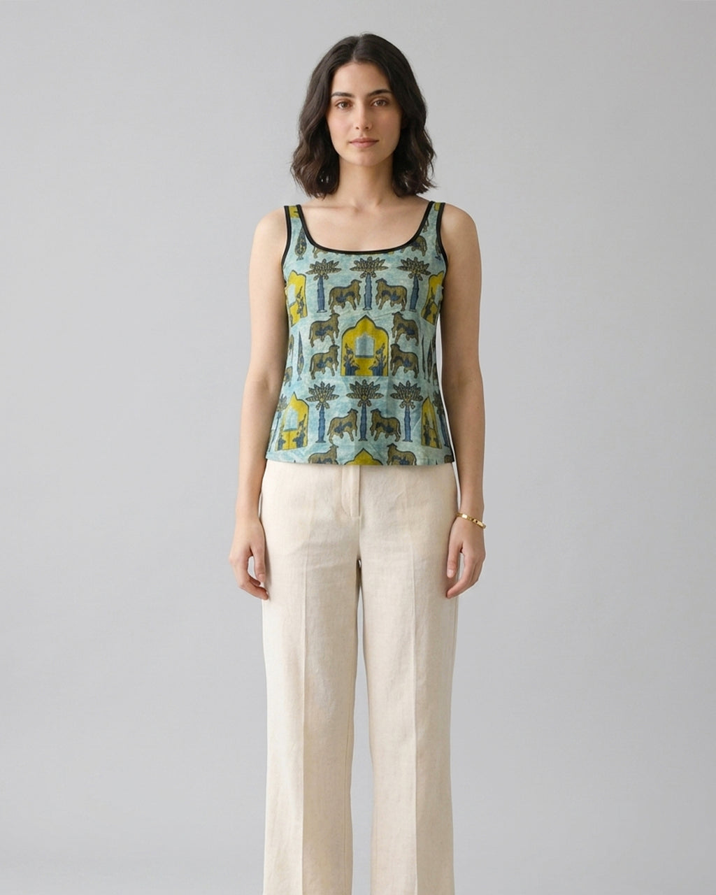 Sage Green Pichwai Cotton Cami Top - Contrast Piping Tank Tunic