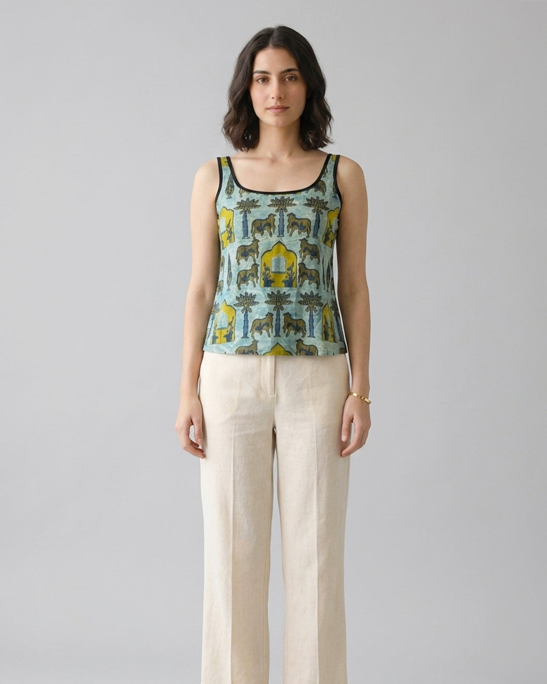 Sage Green Pichwai Cotton Cami Top - Contrast Piping Tank Tunic