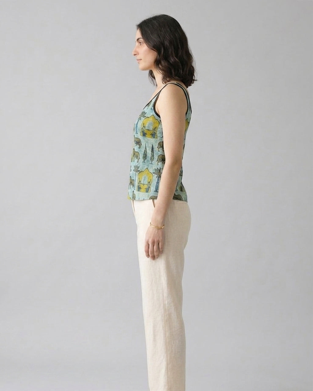 Sage Green Pichwai Cotton Cami Top - Contrast Piping Tank Tunic