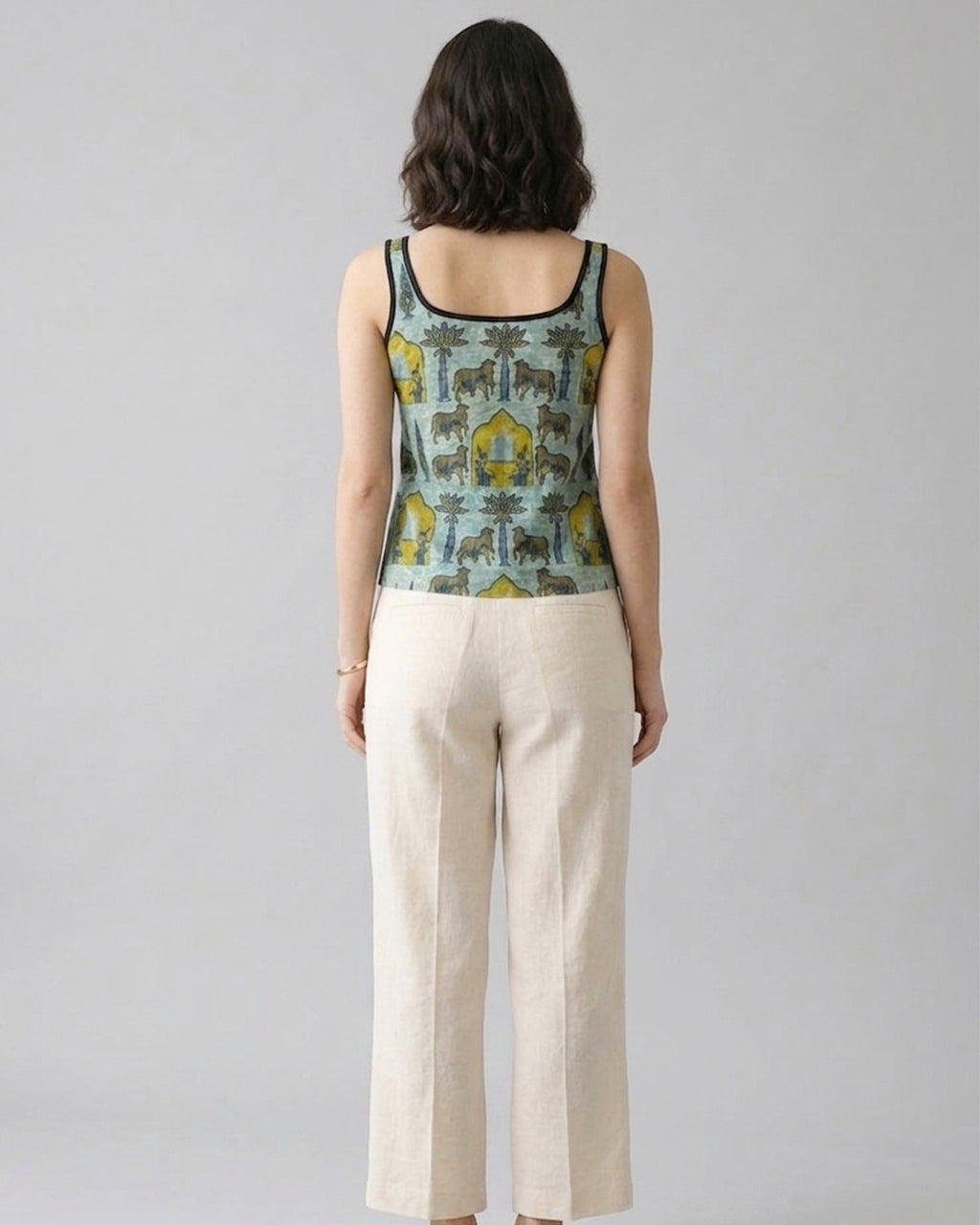 Sage Green Pichwai Cotton Cami Top - Contrast Piping Tank Tunic
