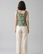 Sage Green Pichwai Cotton Cami Top - Contrast Piping Tank Tunic
