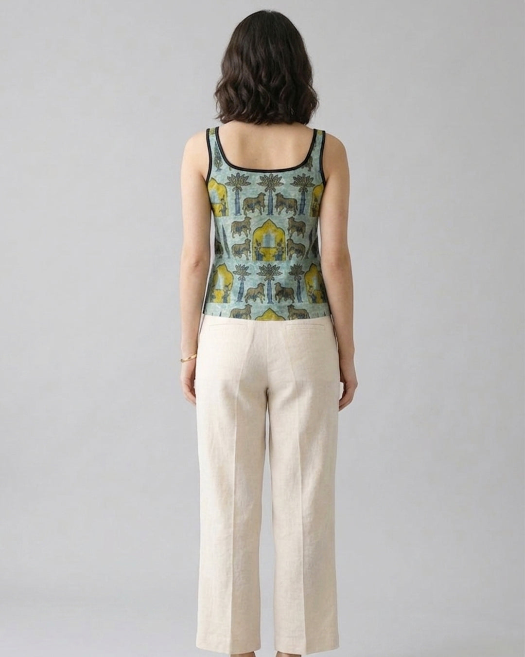 Sage Green Pichwai Cotton Cami Top - Contrast Piping Tank Tunic