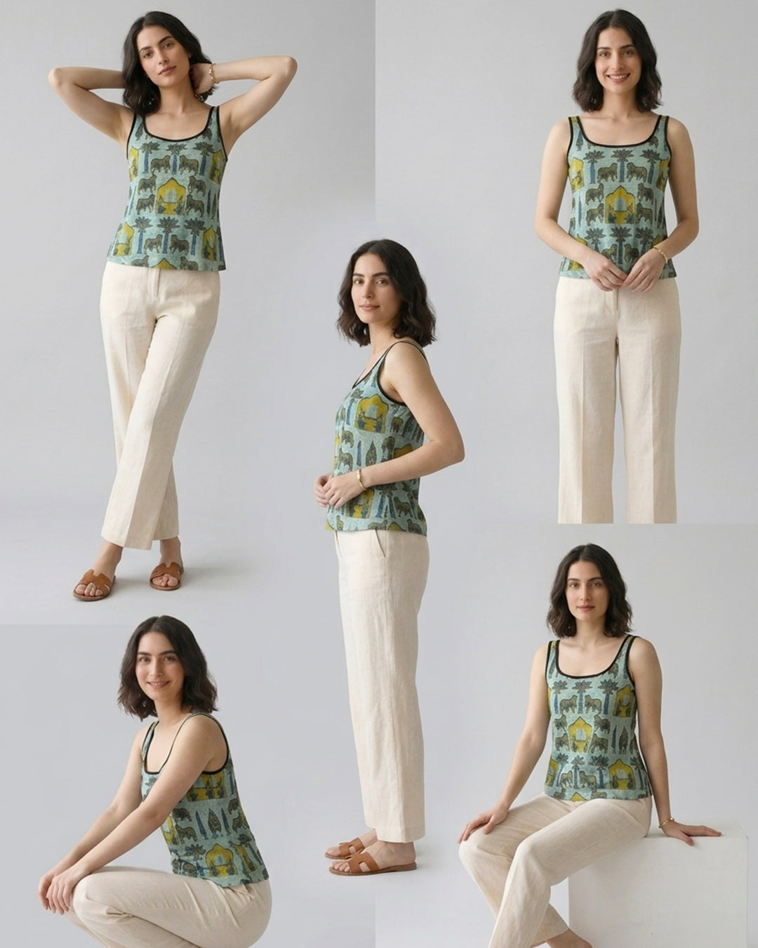 Sage Green Pichwai Cotton Cami Top - Contrast Piping Tank Tunic