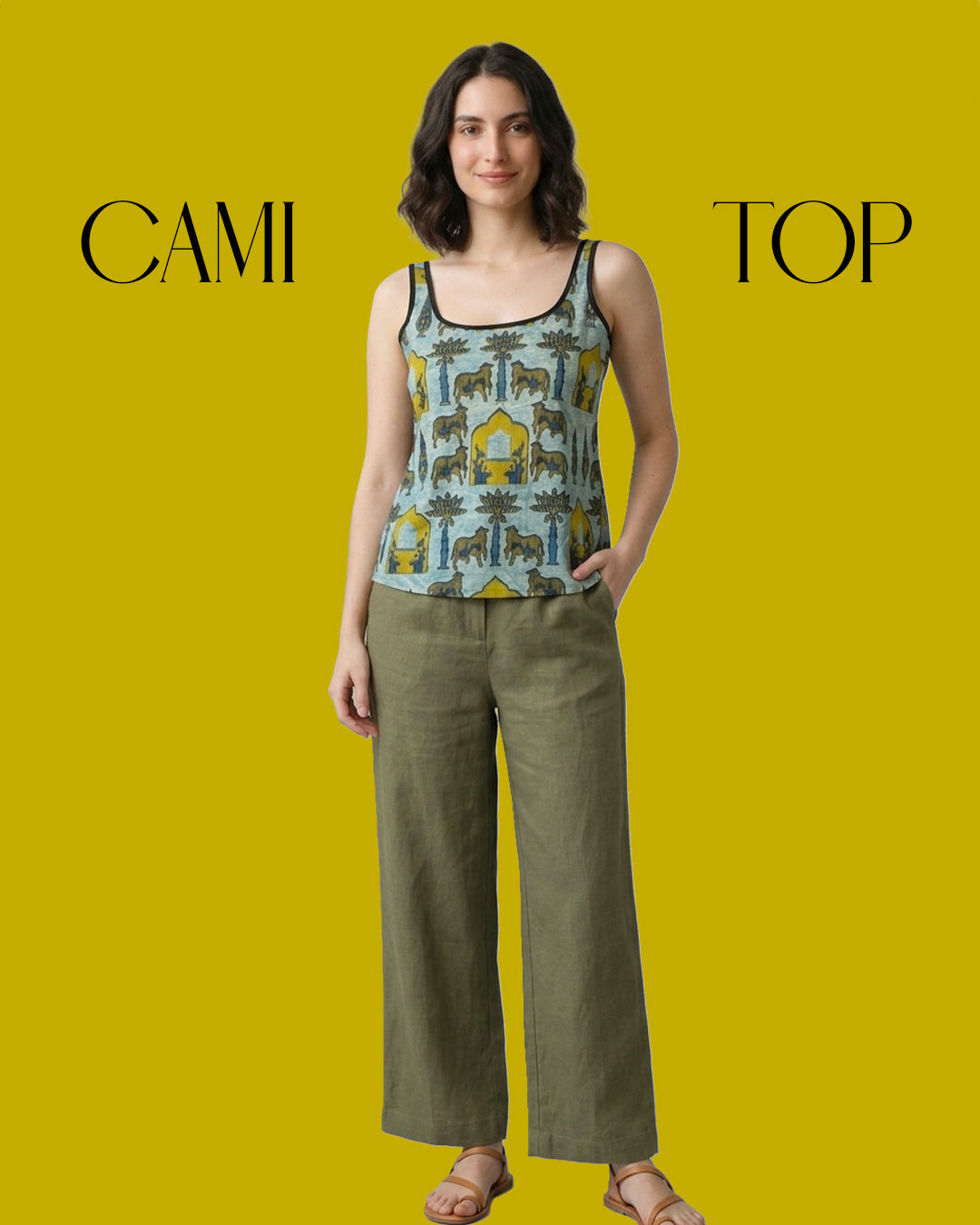 Sage Green Pichwai Cotton Cami Top - Contrast Piping Tank Tunic