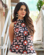 Black Cotton Halter Neck Top - Indo Western Short Kurti