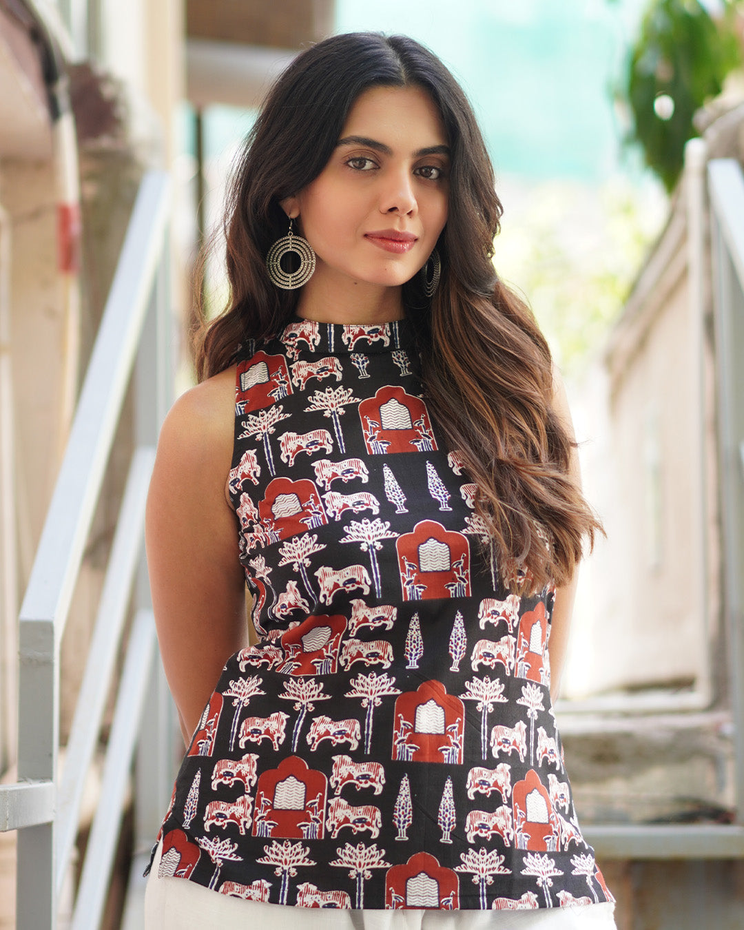 Black Cotton Halter Neck Top - Indo Western Short Kurti