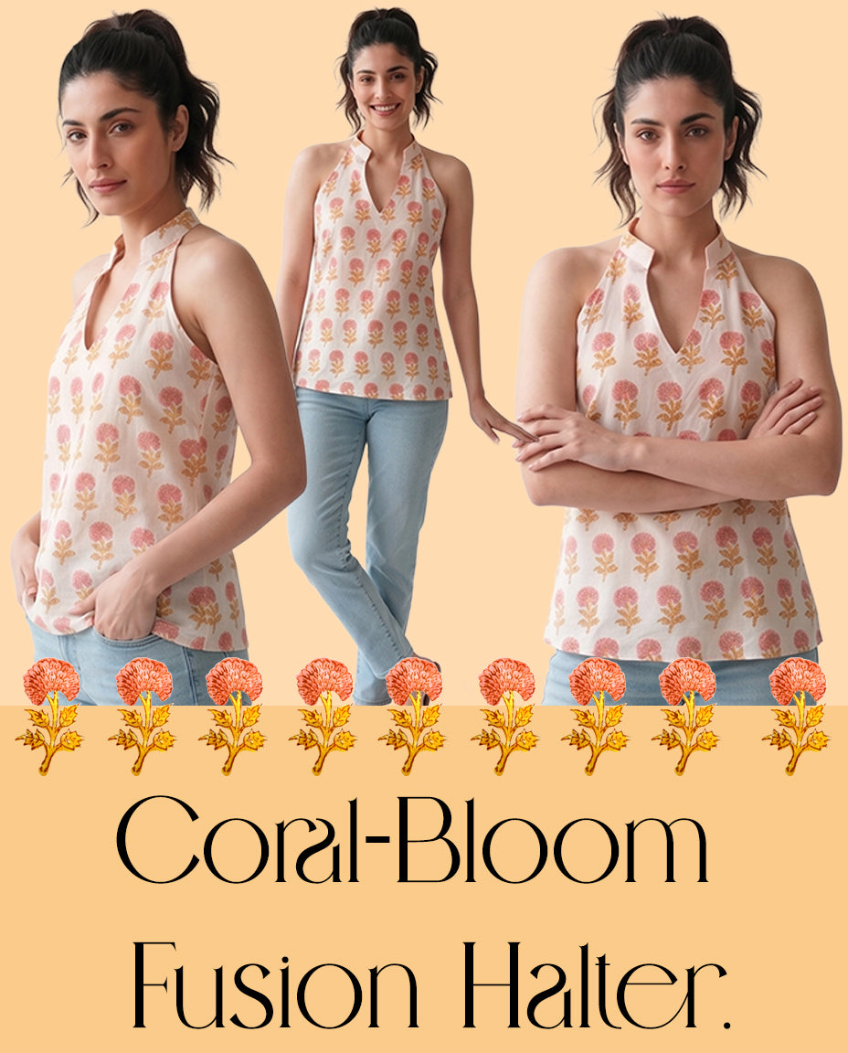 The Poshakh Coral-Bloom Fusion Halter.