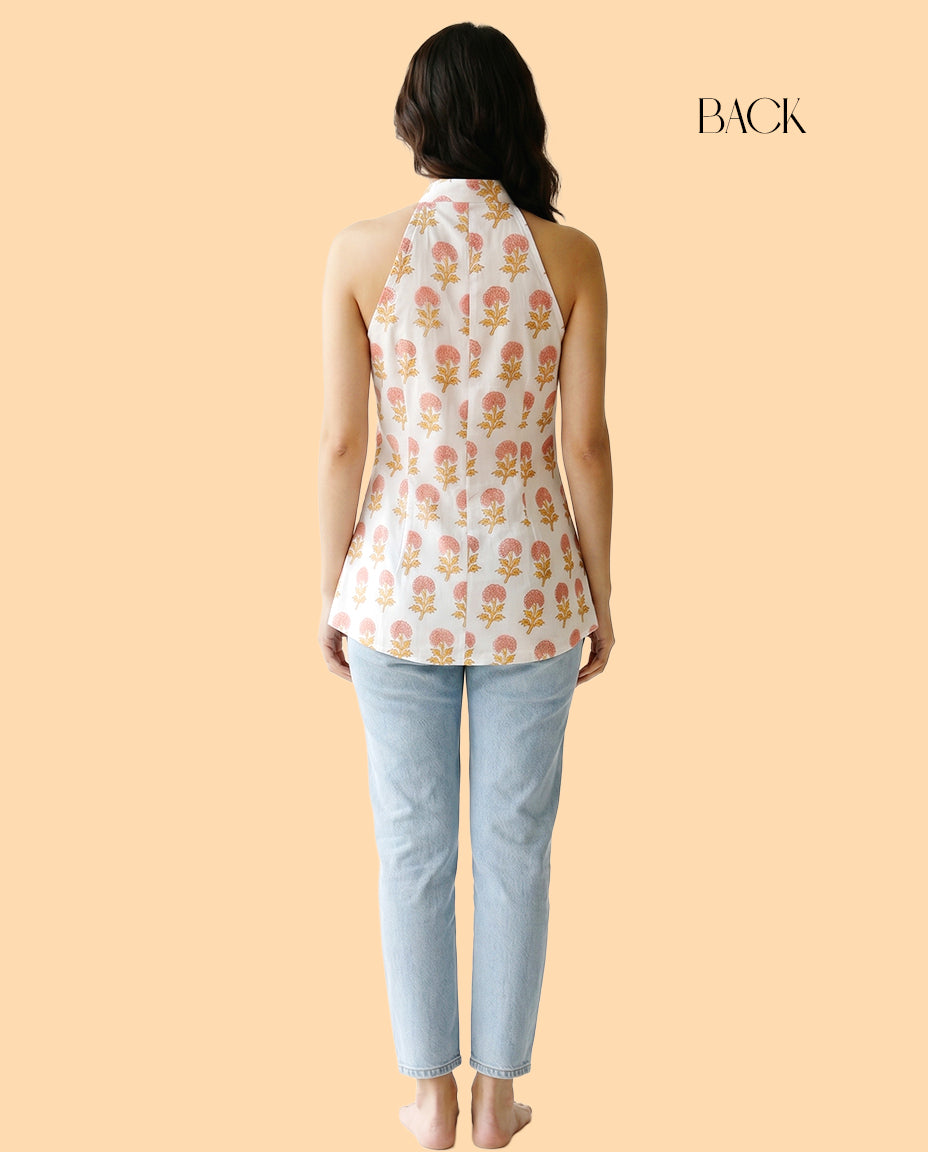 The Poshakh Coral-Bloom Fusion Halter.