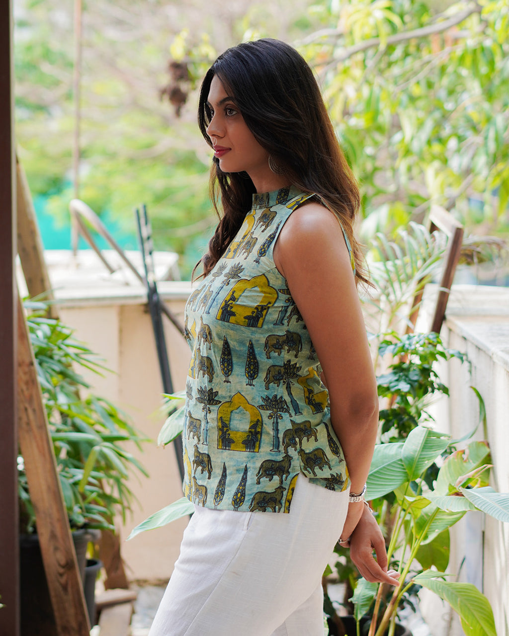 Sage Green Cotton Halter Neck Top - Sacred Grove Indo Western Tunic