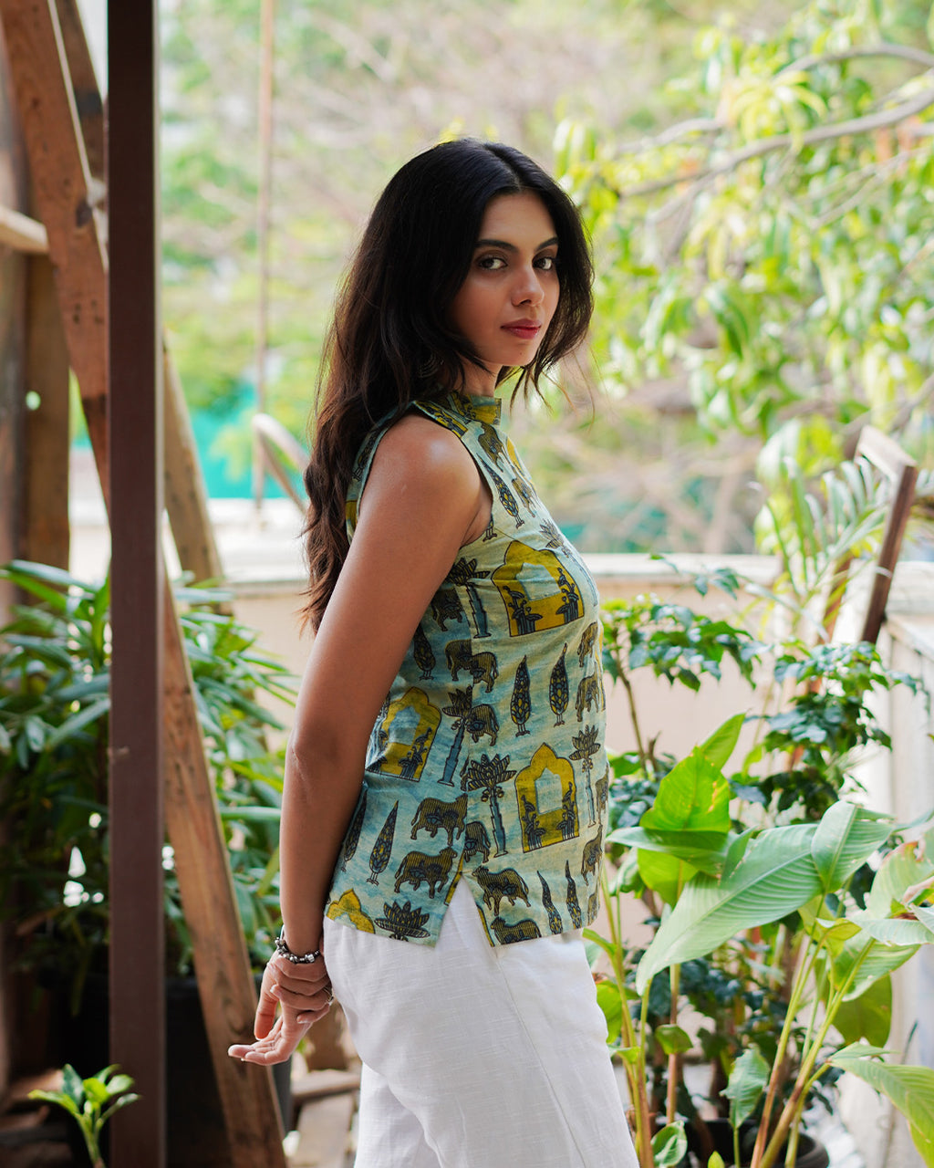 Sage Green Cotton Halter Neck Top - Sacred Grove Indo Western Tunic