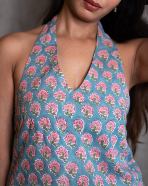 Azure-Bloom Tie-Back Halter Top