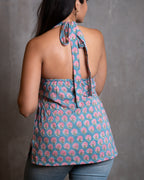 Azure-Bloom Tie-Back Halter Top
