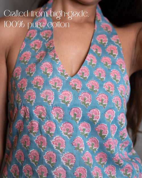 Azure-Bloom Tie-Back Halter Top