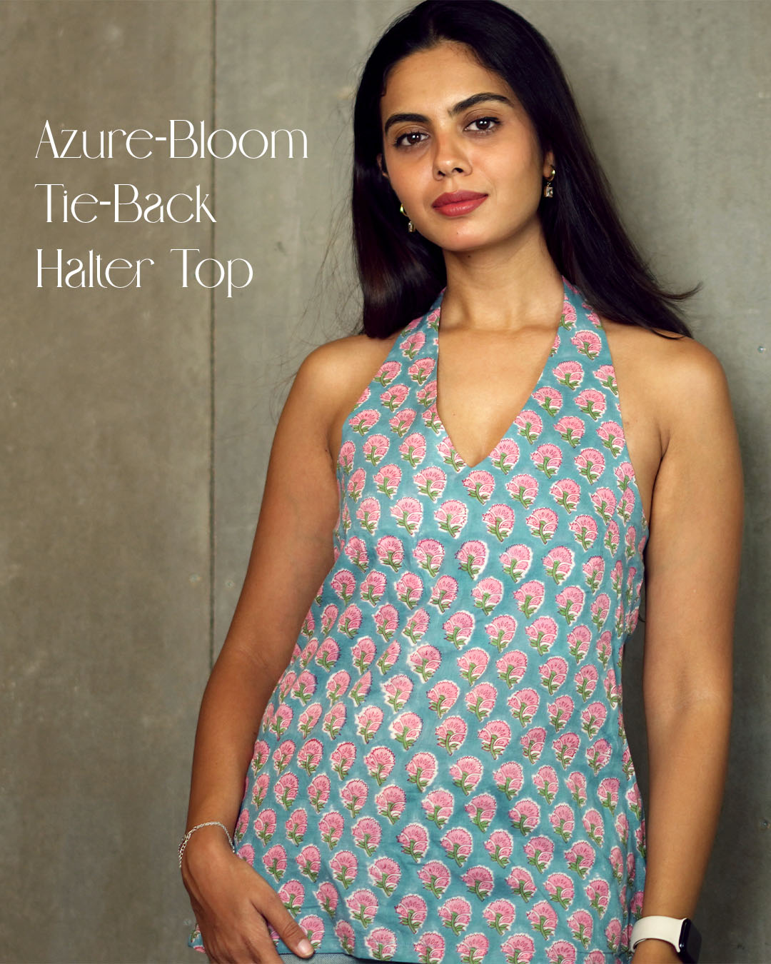 Azure-Bloom Tie-Back Halter Top