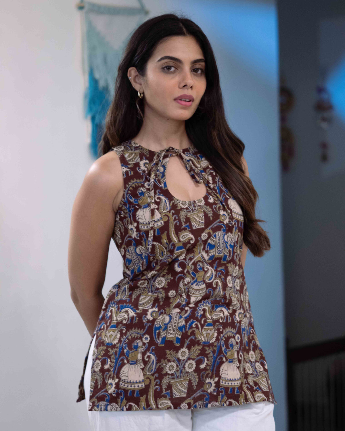 Earthy Brown Kalamkari Cotton Keyhole Top - Chocolate Kalamkari Tunic