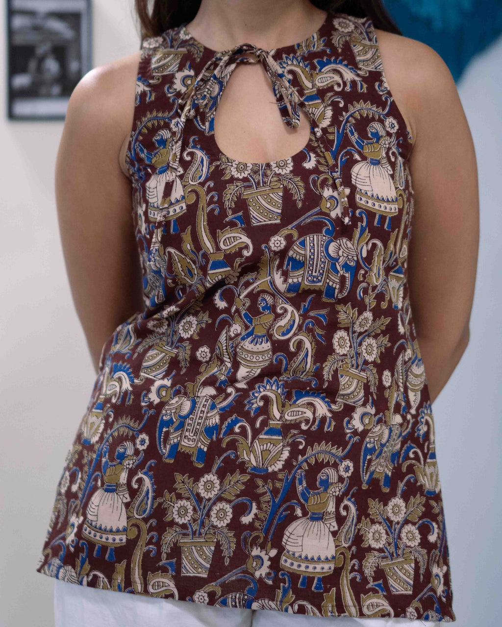 Earthy Brown Kalamkari Cotton Keyhole Top - Chocolate Kalamkari Tunic