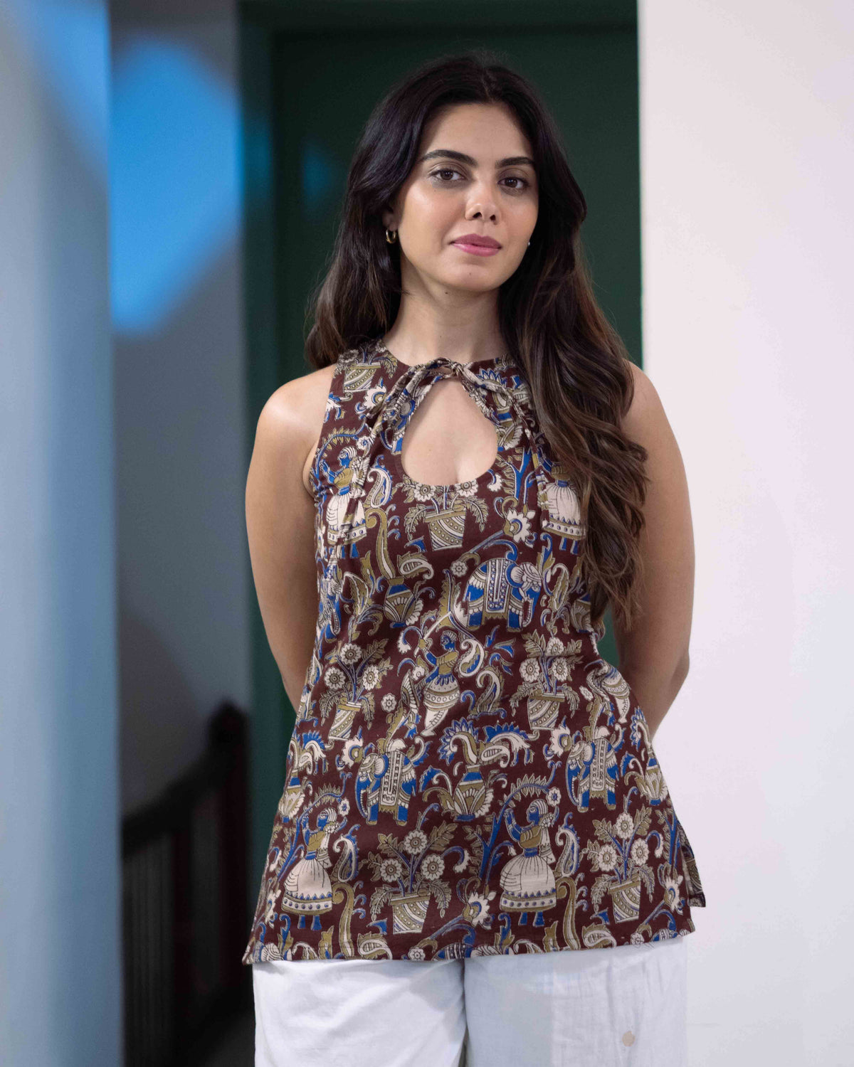 Earthy Brown Kalamkari Cotton Keyhole Top - Chocolate Kalamkari Tunic
