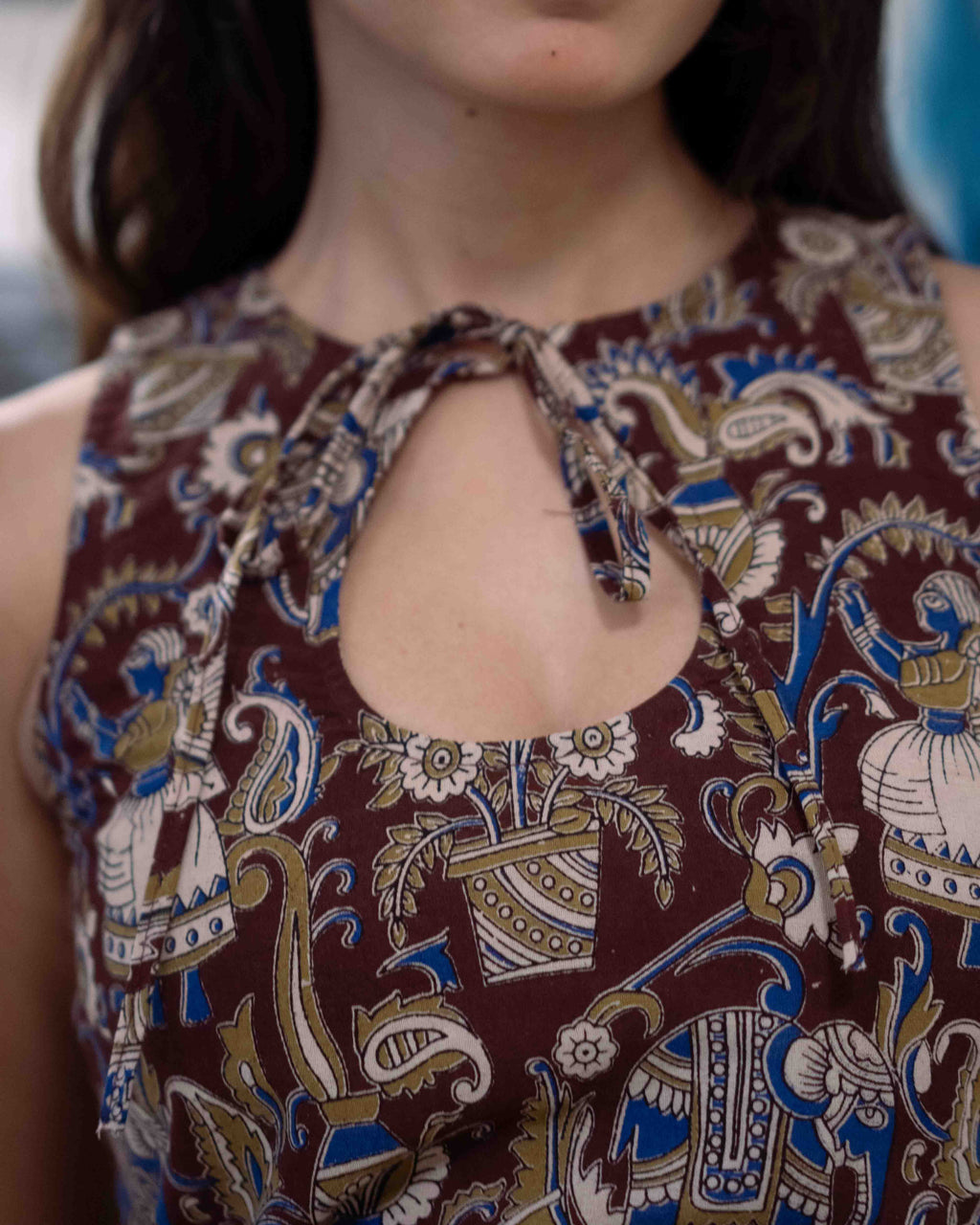 Earthy Brown Kalamkari Cotton Keyhole Top - Chocolate Kalamkari Tunic